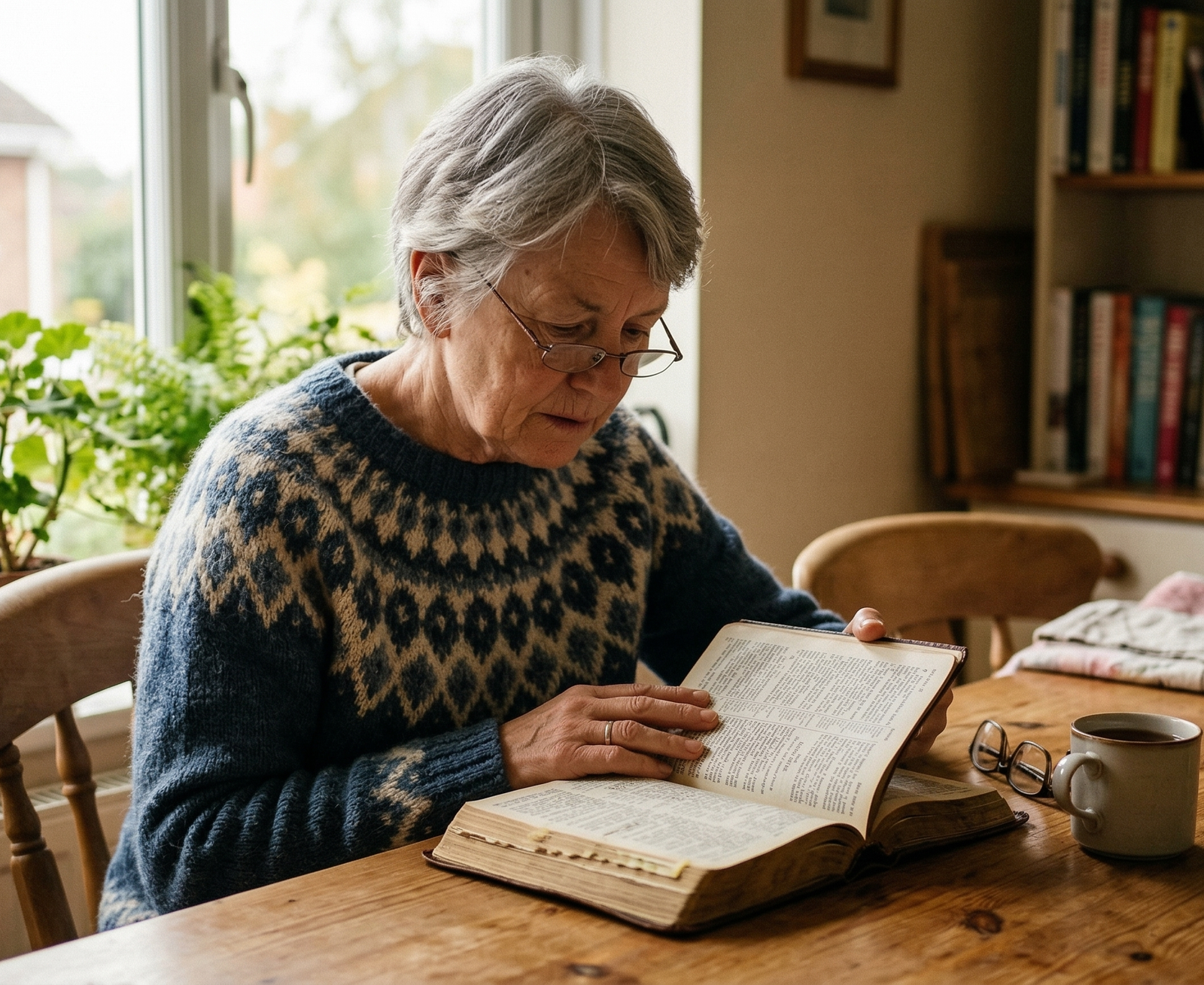 Older woman reading at home while dealing with vision problems